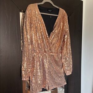 HAODUOYI Gold Sequin Long-Sleeve V-Neck Romper